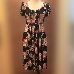 Vintage 90s Floral Midi Black Dress